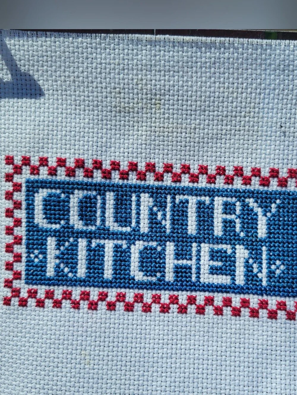Country‎ Kitchen Cross-Stitch Wall Sign – White with Blue and Red Kitchen Decor